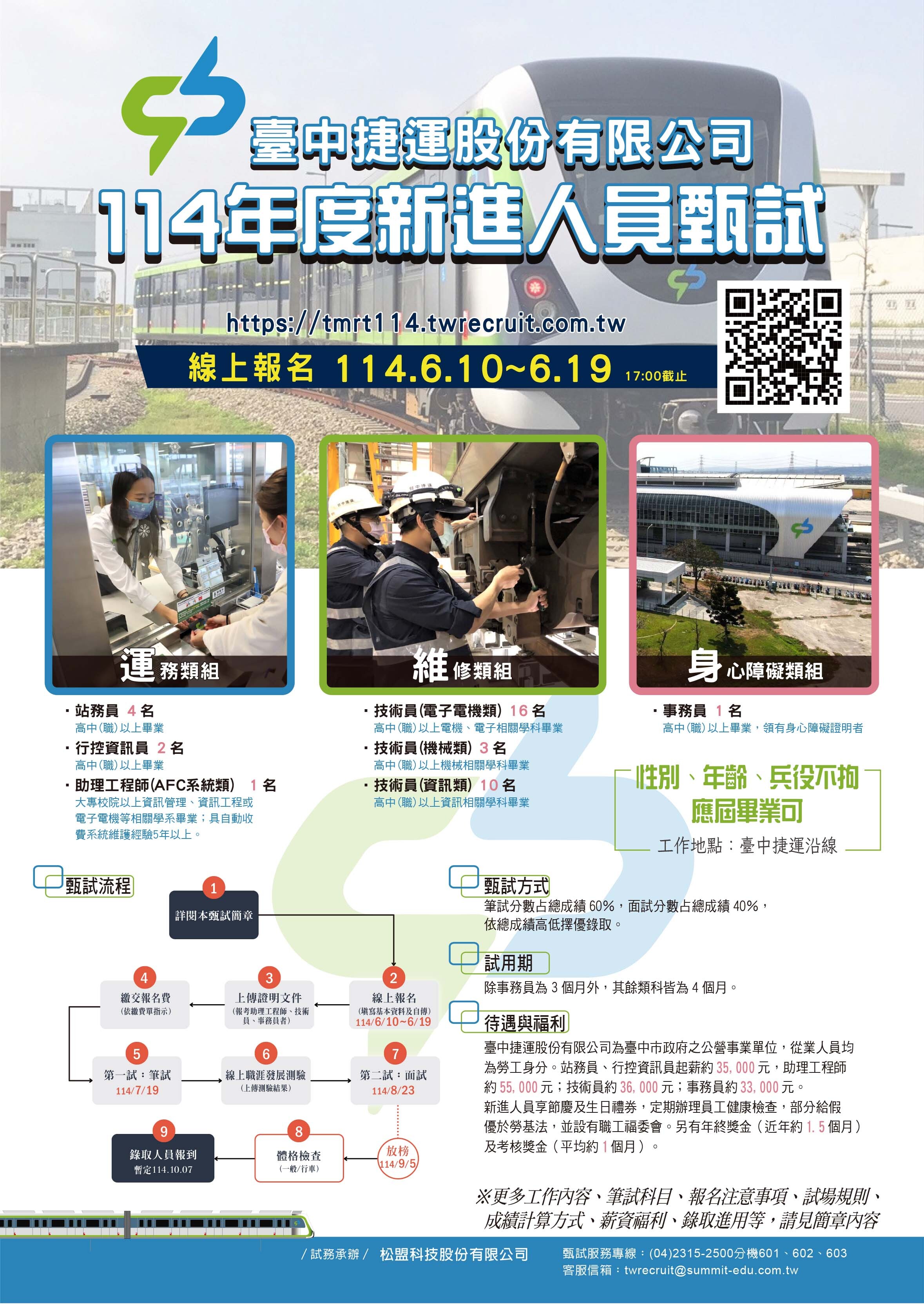 「臺中捷運股份有限公司114年度新進人員甄試」簡章暨招考訊息