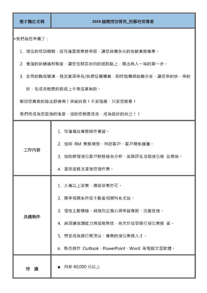 【徵才】華泰商業銀行徵「儲備授信菁英」、「存匯人員/儲備業務」、「存匯櫃台實習人員」圖片