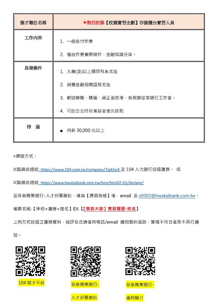 【徵才】華泰商業銀行徵「儲備授信菁英」、「存匯人員/儲備業務」、「存匯櫃台實習人員」圖片