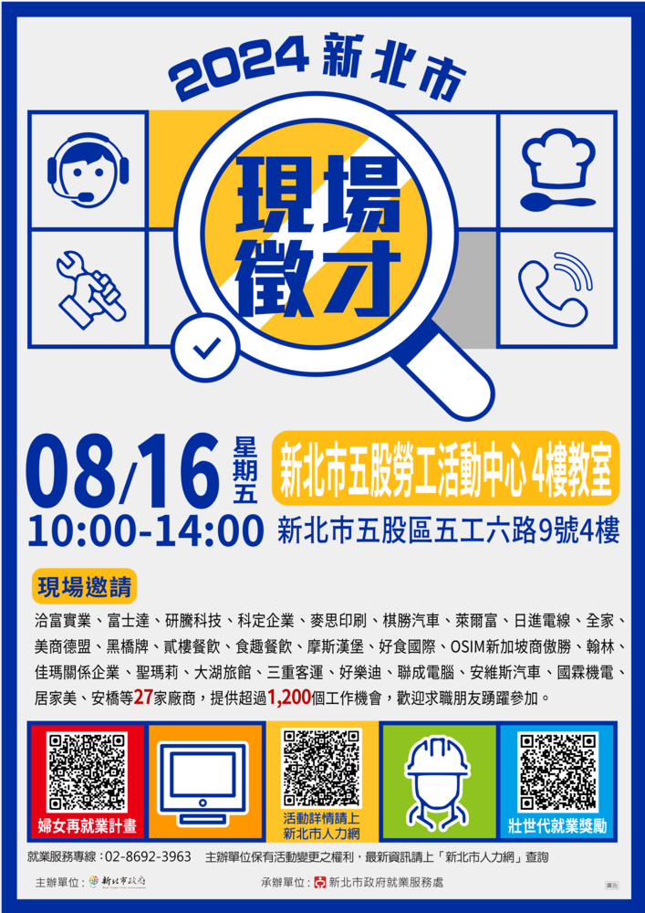  【轉知】 新北市政府就業服務處訂於113年8月16日(星期五)舉辦「2024新北市現場徵才活動」圖片