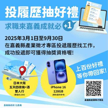 【轉知】投履歷抽好禮活動—1111人力銀行網站(嘉義產業線上徵才專區)圖片