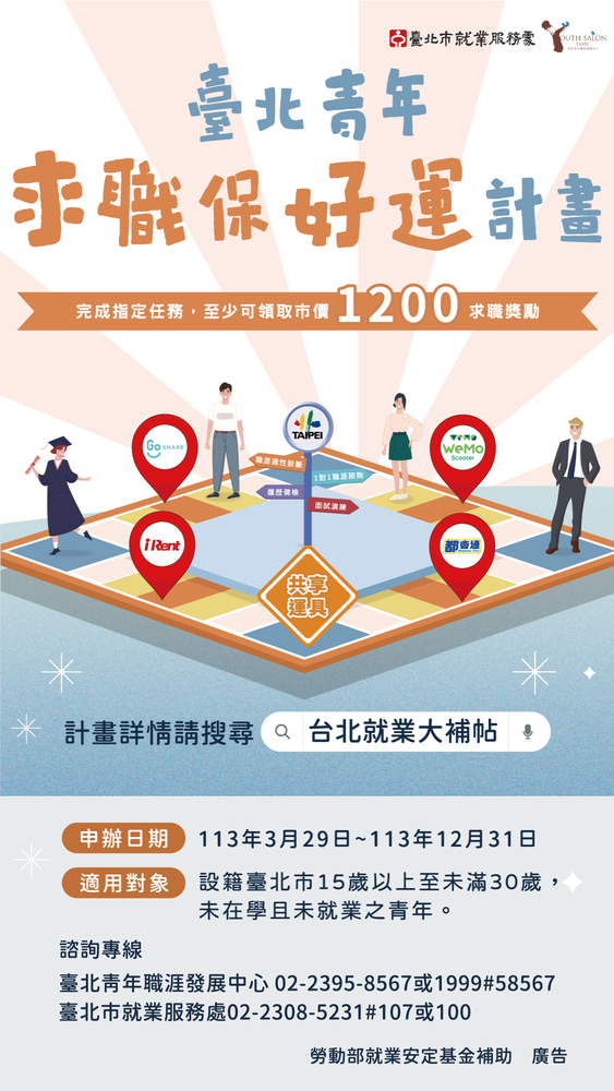 【轉知】臺北市政府勞動局自113年3月29日推出「臺北市青年求職保好運計畫」圖片