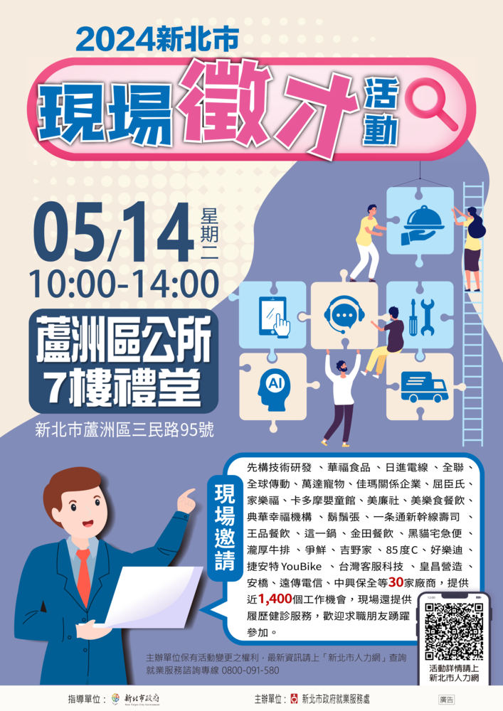 【轉知】新北市政府就業服務處訂於113年5月14日(星期二)假新北市蘆洲區公所7樓禮堂舉辦「2024新北市現場徵才活動」圖片