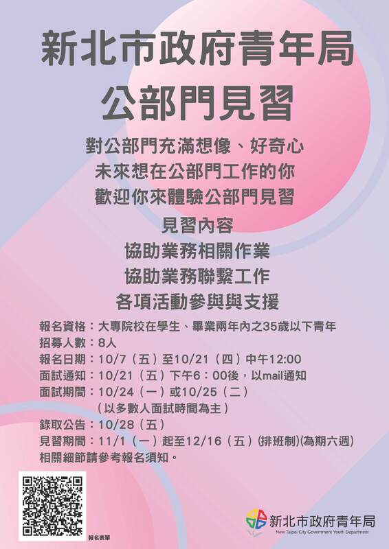 【徵才】新北市政府青年局「公部門見習計畫第四梯次」及「市政見習計畫第五梯次」報名圖片