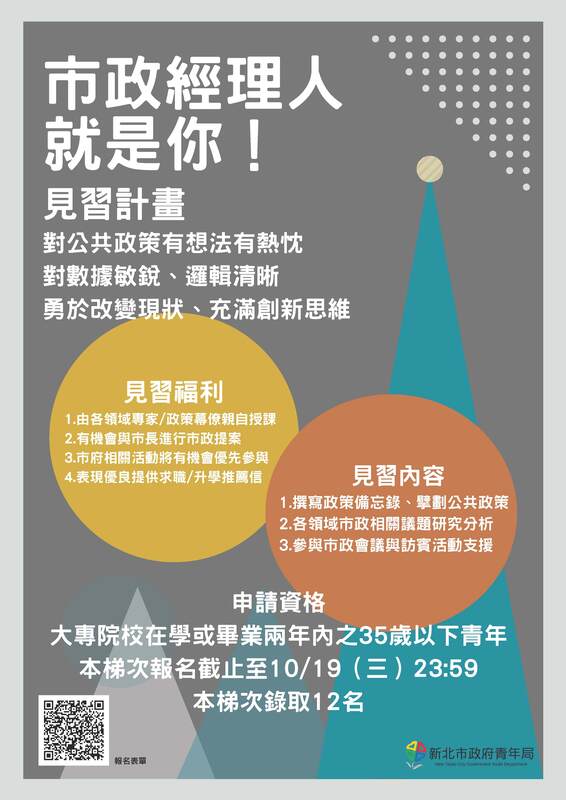 【徵才】新北市政府青年局「公部門見習計畫第四梯次」及「市政見習計畫第五梯次」報名圖片