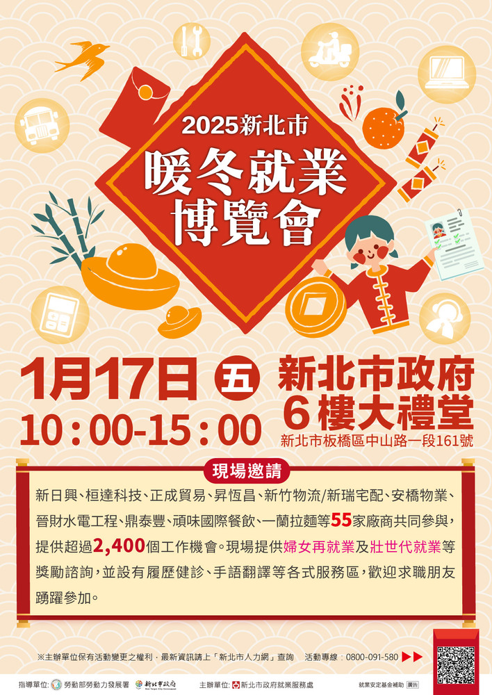 【徵才】114/01/17 (五)10:00-15:00 【2025 新北市暖冬就業博覽會】圖片