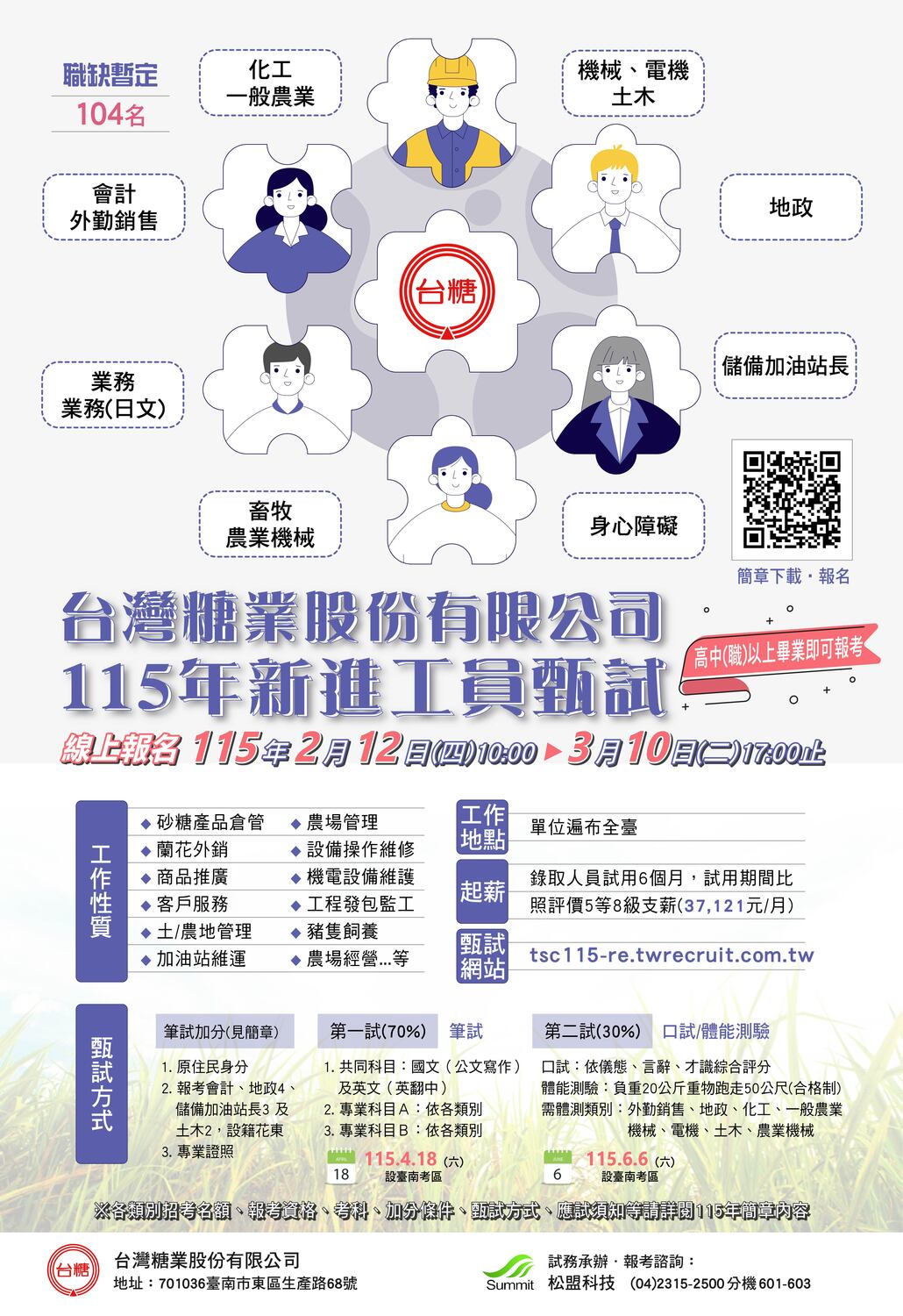 【徵才】台灣糖業股份有限公司 115 年新進工員甄試圖片